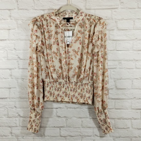 O Forever 21 Cream Wildflower Neck Tie Smocked Cropped Long Sleeve Top NWT M - Picture 7 of 13